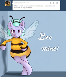 Size: 750x872 | Tagged: safe, artist:marikaefer, flitter, pony, ask flitter and cloudchaser, g4, animal costume, bee costume, bipedal, bipedal leaning, clothes, costume, female, leaning, solo