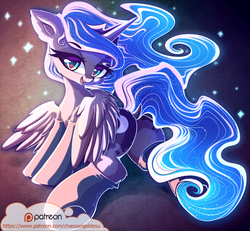 Size: 1000x925 | Tagged: safe, artist:chaosangeldesu, princess luna, alicorn, pony, g4, bedroom eyes, butt, butt fluff, cheek fluff, chest fluff, clothes, cute, dock, ear fluff, eyebrows, eyebrows visible through hair, female, fluffy, horn, leg fluff, looking at you, lunabetes, mare, moonbutt, open mouth, open smile, patreon, patreon logo, plot, smiling, smiling at you, socks, solo, spread wings, tail, wings