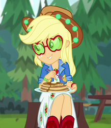 Size: 627x718 | Tagged: safe, screencap, applejack, equestria girls, equestria girls series, g4, wake up!, spoiler:choose your own ending (season 2), spoiler:eqg series (season 2), applejack's festival hat, applejack's sunglasses, clothes, cropped, cute, dress, female, food, fork, hat, jackabetes, legs, pancakes, plate, smiling, solo, sunglasses, syrup, tree, tree stump, wake up!: applejack
