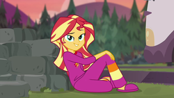 Size: 1280x720 | Tagged: safe, screencap, sunset shimmer, equestria girls, g4, my little pony equestria girls: choose your own ending, wake up!, wake up!: applejack, adorasexy, clothes, cute, female, fire pit, grass, lidded eyes, looking at you, outdoors, pajamas, rv, sexy, shimmerbetes, sitting, slippers, smiling, solo, stone, tree