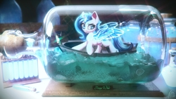 Size: 4000x2250 | Tagged: safe, artist:muggod, oc, oc only, pony, unicorn, artificial wings, augmented, bottle, caption, female, looking at you, magic, magic wings, mare, micro, ocean, pony in a bottle, ship in a bottle, solo, standing, text, wings