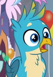 Size: 305x440 | Tagged: safe, screencap, gallus, ocellus, silverstream, classical hippogriff, griffon, hippogriff, g4, she's all yak, chest fluff, cropped, cute, gallabetes, male, offscreen character, shocked, wings