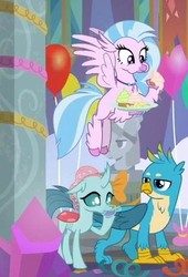 Size: 270x398 | Tagged: safe, screencap, gallus, ocellus, silverstream, changedling, changeling, classical hippogriff, griffon, hippogriff, g4, she's all yak, chest fluff, claws, cropped, drink, drinking, female, flying, male, paws, trio, wings