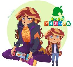 Size: 1800x1649 | Tagged: safe, artist:abarai, sunset shimmer, equestria girls, equestria girls series, g4, spoiler:eqg series (season 2), animal crossing, animal crossing: new horizons, clothes, female, gamer sunset, jacket, leather jacket, looking at you, nintendo, nintendo switch, solo