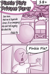 Size: 853x1280 | Tagged: safe, artist:theunconsistentone, oc, oc:anon, earth pony, human, pony, comic:pinkie pie's private party, clothes, comic, letter, monochrome, shirt, sugarcube corner, t-shirt