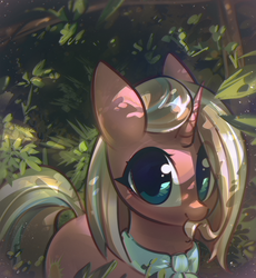 Size: 1200x1302 | Tagged: safe, artist:mirroredsea, clear sky, pony, unicorn, common ground, g4, ascot, biting, cute, cute sky, dappled sunlight, eye clipping through hair, female, forest, hair bite, leaf, looking at you, mane noms, mare, nibbling, nom, solo, tree