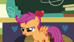 Size: 1920x1080 | Tagged: safe, screencap, scootaloo, pegasus, pony, g4, the last crusade, apple, book, chalkboard, cutie mark, female, filly, food, solo, the cmc's cutie marks