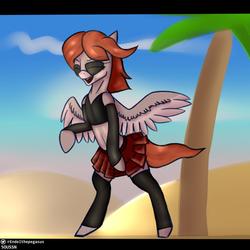 Size: 1000x1000 | Tagged: safe, artist:endelthepegasus, oc, oc only, oc:flappy smile, pegasus, pony, belly button, bipedal, clothes, eyes closed, female, mare, open mouth, palm tree, pleated skirt, sand, skirt, socks, solo, spread wings, sunglasses, thigh highs, top, tree, wings
