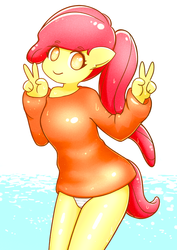 Size: 2508x3541 | Tagged: safe, artist:sigpi, apple bloom, earth pony, anthro, g4, adorabloom, ambiguous facial structure, clothes, cute, ear fluff, female, high res, looking at you, no nose, off shoulder, panties, peace sign, solo, underwear, water, wet, wet clothes