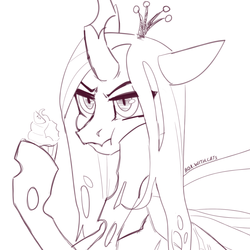 Size: 2000x2000 | Tagged: source needed, safe, artist:kotya, queen chrysalis, changeling, changeling queen, g4, cupcake, eating, female, food, high res, hoof on cheek, monochrome, sketch