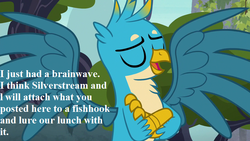 Size: 800x450 | Tagged: safe, edit, edited screencap, editor:korora, screencap, gallus, griffon, g4, school daze, carnivore, crossed arms, cute, eyes closed, gallabetes, implied silverstream, male, reaction image, solo, speech, spread wings, this is bait, wings