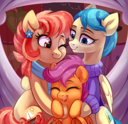 Size: 2088x2020 | Tagged: safe, artist:taneysha, aunt holiday, auntie lofty, scootaloo, earth pony, pegasus, pony, g4, the last crusade, clothes, cute, cutealoo, daaaaaaaaaaaw, eyes closed, family, female, flower, flower in hair, group hug, happy, high res, hug, scarf, scootalove, smiling, sweater, sweet dreams fuel, trio