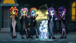 Size: 5702x3205 | Tagged: safe, artist:lunebat, fluttershy, rainbow dash, rarity, sunset shimmer, twilight sparkle, equestria girls, g4, clothes, crossover, fanfic art, group, gryffindor, harry potter (series), high heels, kneesocks, mary janes, pants, patronus, pleated skirt, robes, shoes, skirt, socks