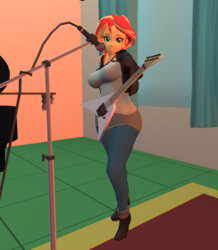 Size: 775x888 | Tagged: safe, sunset shimmer, human, g4, 3d, clothes, electric guitar, female, guitar, heeled boots, humanized, music room, musical instrument, second life, solo