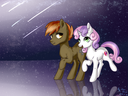 Size: 1600x1200 | Tagged: safe, artist:rikadiane, button mash, sweetie belle, earth pony, pony, unicorn, g4, buttonbetes, colt, cute, diasweetes, duo, female, filly, happy, male, ship:sweetiemash, shipping, shooting stars, smiling, straight