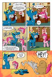 Size: 1024x1512 | Tagged: safe, artist:cartoon-eric, pinkie pie, oc, oc:fred wolfbane, pony, comic:pink. it's what's for dinner, g4, captured, clothes, comic, costume, disguise, eye bulging, pony costume, sack, sugarcube corner, suspicious
