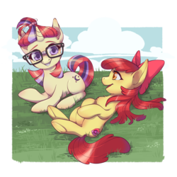Size: 2337x2337 | Tagged: safe, artist:taytinabelle, derpibooru exclusive, apple bloom, moondancer, earth pony, pony, unicorn, g4, adorabloom, bow, chest fluff, cute, dancerbetes, fanfic art, female, glasses, hair bow, hair bun, high res, mare, missing accessory, older, older apple bloom, pregnant
