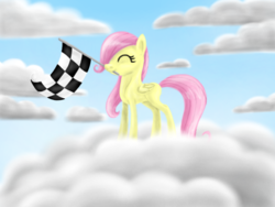 Size: 960x720 | Tagged: safe, artist:lavenderrain24, fluttershy, pegasus, pony, g4, the cutie mark chronicles, blank flank, cloud, cute, eyes closed, female, filly, filly fluttershy, flag, mouth hold, on a cloud, scene interpretation, shyabetes, solo, speedpaint available, younger