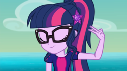Size: 1920x1080 | Tagged: safe, screencap, sci-twi, twilight sparkle, equestria girls, g4, i'm on a yacht, my little pony equestria girls: better together, cute, eyes closed, female, geode of telekinesis, glasses, magical geodes, peace sign, solo, twiabetes