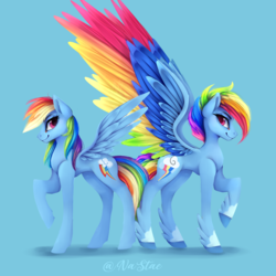 Size: 3000x3000 | Tagged: safe, artist:nutellaakanutella, rainbow dash, pegasus, pony, g4, blue background, coat markings, colored wings, duality, female, g4 to g5, g5 concept leak style, g5 concept leaks, high res, leg fluff, mare, multicolored wings, profile, rainbow dash (g5 concept leak), rainbow wings, raised hoof, simple background, spread wings, wings