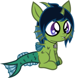 Size: 641x670 | Tagged: safe, artist:lightningbolt, derpibooru exclusive, oc, oc only, oc:demon hellspawn, half-siren, hybrid, g4, .svg available, baby, colored tongue, colt, cross-eyed, curved horn, fangs, fins, fish tail, horn, interspecies offspring, jewelry, leviathan cross, magical gay spawn, male, necklace, offspring, scales, show accurate, simple background, sitting, slit pupils, solo, svg, tongue out, transparent background, vector