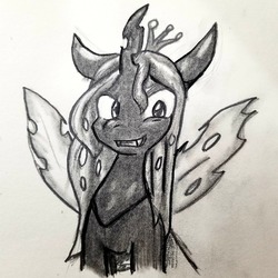Size: 1280x1280 | Tagged: safe, artist:zutcha, queen chrysalis, changeling, changeling queen, g4, crown, female, jewelry, monochrome, regalia, smiling, solo, traditional art