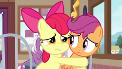 Size: 1020x574 | Tagged: safe, screencap, apple bloom, fuchsia frost, loganberry, scootaloo, earth pony, pegasus, pony, g4, the last crusade, background pony, chair, female, filly, friendship student, holding on, hug, looking at someone, protecting, sad, unhappy