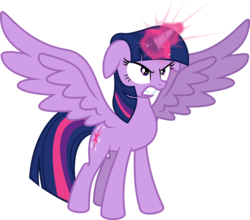 Size: 6832x6000 | Tagged: safe, artist:psychicwalnut, twilight sparkle, alicorn, pony, g4, twilight's kingdom, .svg available, absurd resolution, angry, ears back, female, full body, glowing horn, gritted teeth, hooves, horn, inkscape, mare, ponyscape, simple background, solo, spread wings, standing, transparent background, twilight sparkle (alicorn), vector, wings