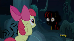 Size: 1279x715 | Tagged: safe, artist:thealmightydrakos, edit, edited screencap, screencap, apple bloom, earth pony, pony, luna game, bloom & gloom, g4, bow, creepy, creepy bloom, creepy smile, discovery family logo, duo, female, filly, foal, forest, nature, self paradox, self ponidox, smiling, tree