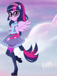 Size: 1800x2400 | Tagged: safe, artist:artmlpk, sci-twi, twilight sparkle, human, equestria girls, equestria girls series, forgotten friendship, g4, blushing, boots, female, looking at you, ponied up, shoes, solo, stars, super ponied up, wings
