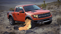Size: 1920x1080 | Tagged: safe, artist:photomix3r, artist:teiptr, applejack, earth pony, pony, g4, car, cowboy hat, female, ford f-150 svt raptor, hat, irl, mare, photo, ponies in real life, sleeping, solo, truck