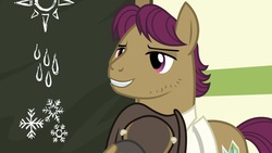 Size: 1920x1080 | Tagged: safe, screencap, snap shutter, earth pony, pony, g4, the last crusade, chalkboard, hat, male, snow, snowflake, solo, stallion, unshorn fetlocks