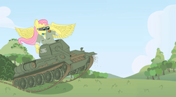 Size: 1278x705 | Tagged: safe, artist:dirt-slayer, fluttershy, anthro, g4, binoculars, clothes, female, solo, spread wings, t-34, tank (vehicle), uniform, wings