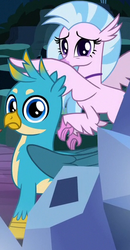 Size: 272x524 | Tagged: safe, screencap, gallus, silverstream, griffon, hippogriff, g4, uprooted, cropped, female, male, thousand yard stare, wings
