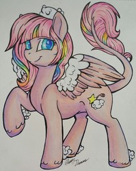 Size: 1775x2227 | Tagged: safe, artist:gleamydreams, oc, oc only, pony, blue eyes, female, hat, looking at you, mare, pastel, pegasus oc, solo, spread wings, traditional art, wings