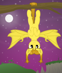 Size: 3000x3500 | Tagged: safe, artist:devfield, oc, oc only, oc:golden star, bat pony, pony, g4, bat ears, bat wings, branches, bush, fangs, female, glare, glowing, gradient background, hanging, high res, hill, moon, night, prehensile tail, shading, shadow, show accurate, solo, stars, tree, tree branch, two toned mane, two toned tail, upside down, wings