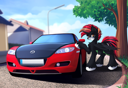 Size: 3144x2160 | Tagged: safe, artist:airiniblock, oc, oc only, oc:dw190, alicorn, pony, rcf community, alicorn oc, building, car, commission, high res, house, male, mazda rx8, red and black oc, solo, unshorn fetlocks, vehicle