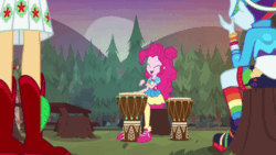 Size: 800x450 | Tagged: safe, screencap, applejack, pinkie pie, rainbow dash, equestria girls, g4, my little pony equestria girls: choose your own ending, wake up!, animated, bongos, boots, clothes, cloud, cowboy boots, cute, diapinkes, drums, female, gif, hair bun, happy, hill, musical instrument, outdoors, pine tree, pinkie being pinkie, playing instrument, rainbow socks, shoes, sitting, sneakers, socks, striped socks, table, tree, tree stump