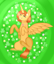 Size: 1664x1952 | Tagged: safe, artist:doraeartdreams-aspy, oc, oc only, oc:aspen, alicorn, pony, alicorn oc, clover, cute, eyes closed, flower, flower in hair, happy, hippie, holiday, jewelry, lucky, necklace, peace symbol, rolling, saint patrick's day, smiling