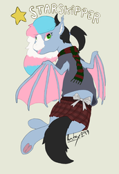 Size: 2361x3433 | Tagged: safe, artist:sondy, oc, oc:starskipper, biting, blaze (coat marking), bow, clothes, colored wings, ear fluff, eyeshadow, frog (hoof), green eyes, high res, looking at you, looking back, looking back at you, makeup, multicolored hair, multicolored wings, plaid skirt, pleated skirt, scarf, skirt, stars, sweater, text, tongue bite, tongue out, transgender pride flag, underhoof, watermark, wings, writing