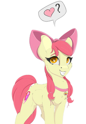 Size: 1725x2500 | Tagged: safe, artist:skitsroom, apple bloom, earth pony, pony, g4, adorabloom, bow, collar, cute, cutie mark, female, grin, hair bow, heart, looking at you, older, older apple bloom, pictogram, question mark, smiling, solo, the cmc's cutie marks