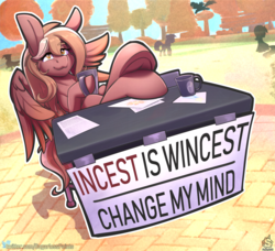 Size: 2500x2278 | Tagged: safe, artist:sugarlesspaints, gilda, lyra heartstrings, rainbow dash, twilight sparkle, oc, oc:copper crescendo, pegasus, pony, g4, :3, background pony, change my mind, coffee, coffee mug, female, high res, hoofs on table, hooves up, implied cloudchaser, implied incest, implied princess celestia, incest is wincest, looking at you, mare, meme, mug, silhouette, sitting, smug, solo focus, table, text, underhoof