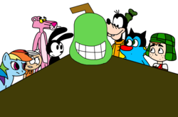 Size: 1024x677 | Tagged: safe, artist:mega-shonen-one-64, rainbow dash, pegasus, pony, g4, biting pear of salamanca, crossover, disney, el chavo, el chavo del 8, goofy (disney), lincoln loud, oggy, oggy and the cockroaches, oswald the lucky rabbit, pink panther, the loud house
