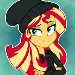 Size: 900x900 | Tagged: dead source, safe, artist:sirenvibes, sunset shimmer, equestria girls, g4, beanie, bust, clothes, crossed arms, female, freckles, geometric background, hat, jacket, peppered bacon, portrait, smug, solo