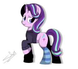 Size: 2000x1786 | Tagged: safe, artist:mr.rexy, starlight glimmer, pony, unicorn, g4, clothes, female, looking at you, simple background, smiling, socks, solo, striped socks, sweat