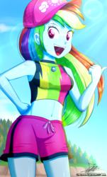Size: 820x1360 | Tagged: safe, artist:the-butch-x, rainbow dash, series:butch's paradiso, equestria girls, g4, my little pony equestria girls: better together, beach shorts swimsuit, belly button, breasts, busty rainbow dash, butch's paradiso, cap, clothes, cute, dashabetes, female, geode of super speed, hat, jewelry, looking at you, magical geodes, midriff, necklace, open mouth, paradiso x, rainbow dash's beach shorts swimsuit, shorts, solo, stupid sexy rainbow dash, swimsuit
