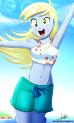 Size: 820x1360 | Tagged: safe, artist:the-butch-x, derpy hooves, series:butch's paradiso, equestria girls, g4, armpits, background human, beach shorts swimsuit, belly button, butch's paradiso, clothes, crepuscular rays, cute, derpabetes, female, happy, midriff, ocean, open mouth, paradiso x, shorts, signature, smiling, solo, sunlight, swimsuit, water, windswept hair