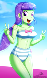 Size: 820x1360 | Tagged: safe, artist:the-butch-x, starlight, series:butch's paradiso, equestria girls, g4, background human, bandeau, beach shorts swimsuit, bikini, breasts, busty starlight, butch's paradiso, clothes, female, happy, high waisted bikini, looking at you, midriff, open mouth, paradiso x, peace sign, sky, smiling, solo, striped swimsuit, swimsuit