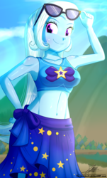 Size: 820x1360 | Tagged: safe, artist:the-butch-x, part of a set, trixie, series:butch's paradiso, equestria girls, equestria girls specials, g4, my little pony equestria girls: better together, my little pony equestria girls: forgotten friendship, adorasexy, armpits, belly button, breasts, busty trixie, butch's paradiso, clothes, crepuscular rays, cute, diatrixes, female, happy, looking at you, midriff, paradiso x, sarong, sexy, signature, sky, smiling, solo, sunglasses, swimsuit