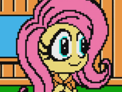 Size: 640x480 | Tagged: safe, artist:2snacks, fluttershy, princess celestia, human, pony, two best sisters play, g4, animated, female, friday the 13th, gif, humanized, pixel art, startled, youtube link